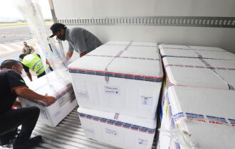 Caixas térmicas contendo novas doses de CoronaVac chegaram ao aeroporto de Porto Alegre na manhã desta quarta (03) (Foto: Itamar Aguiar/Palácio Piratini)