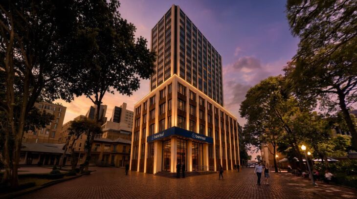 Projeção da nova fachada do Banrisul, que passará por retrofit com entrega prevista para 2028 - Foto: Tiago Pereira