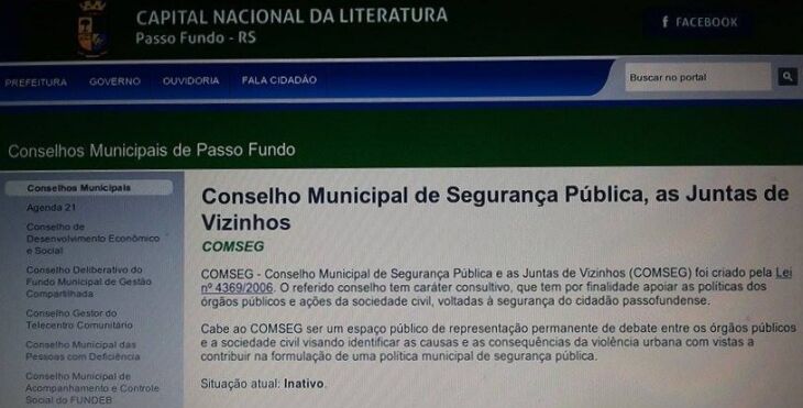Site da Prefeitura de Passo Fundo informa que o Conselho de Segurança Pública está inativo